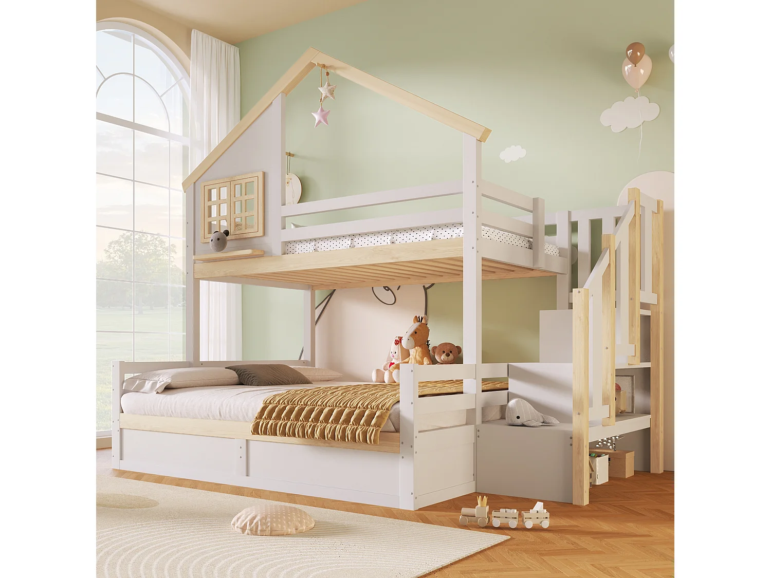 Litera infantil - 90 x 200 cm + 140 x 200 cm - con camas hidráulicas + escalera de almacenamiento - madera - blanca