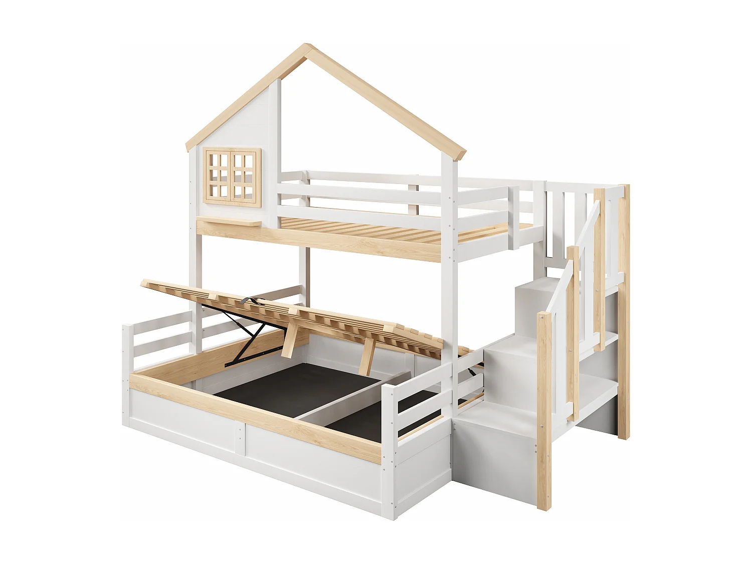 Litera infantil - 90 x 200 cm + 140 x 200 cm - con camas hidráulicas + escalera de almacenamiento - madera - blanca