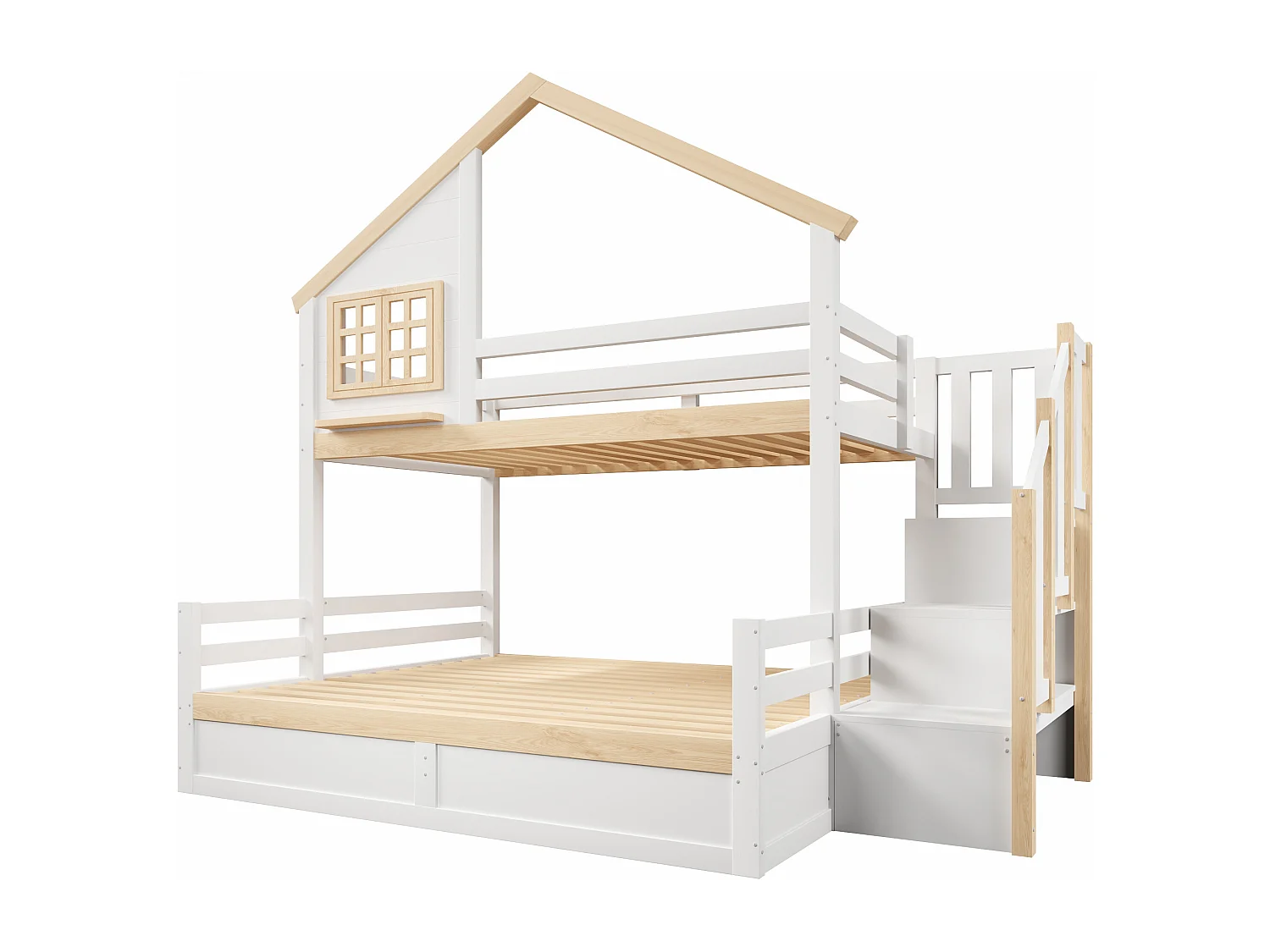 Litera infantil - 90 x 200 cm + 140 x 200 cm - con camas hidráulicas + escalera de almacenamiento - madera - blanca