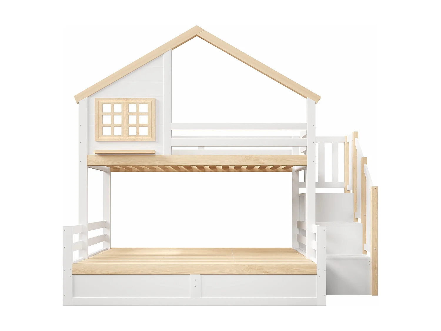 Litera infantil - 90 x 200 cm + 140 x 200 cm - con camas hidráulicas + escalera de almacenamiento - madera - blanca