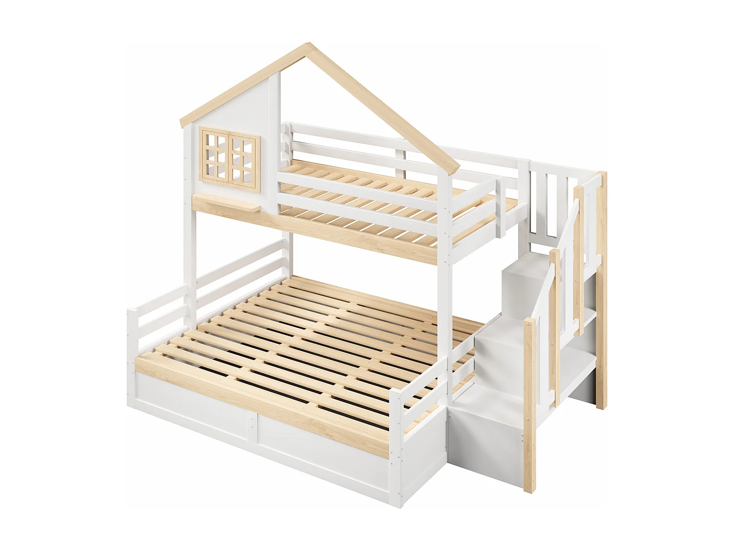 Litera infantil - 90 x 200 cm + 140 x 200 cm - con camas hidráulicas + escalera de almacenamiento - madera - blanca