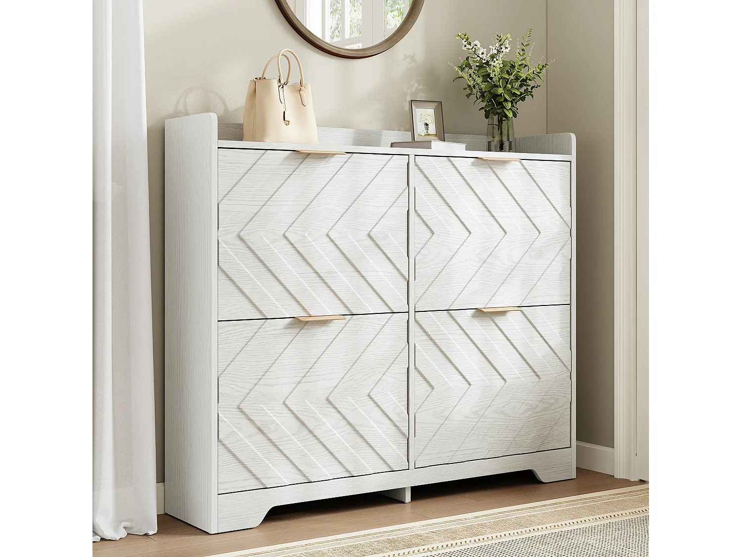 Schuhschrank für den Eingangsbereich – 105 x 24 x 90 cm – mit 4 Klappfächern – 3D-strukturierte Front – MDF – weiß