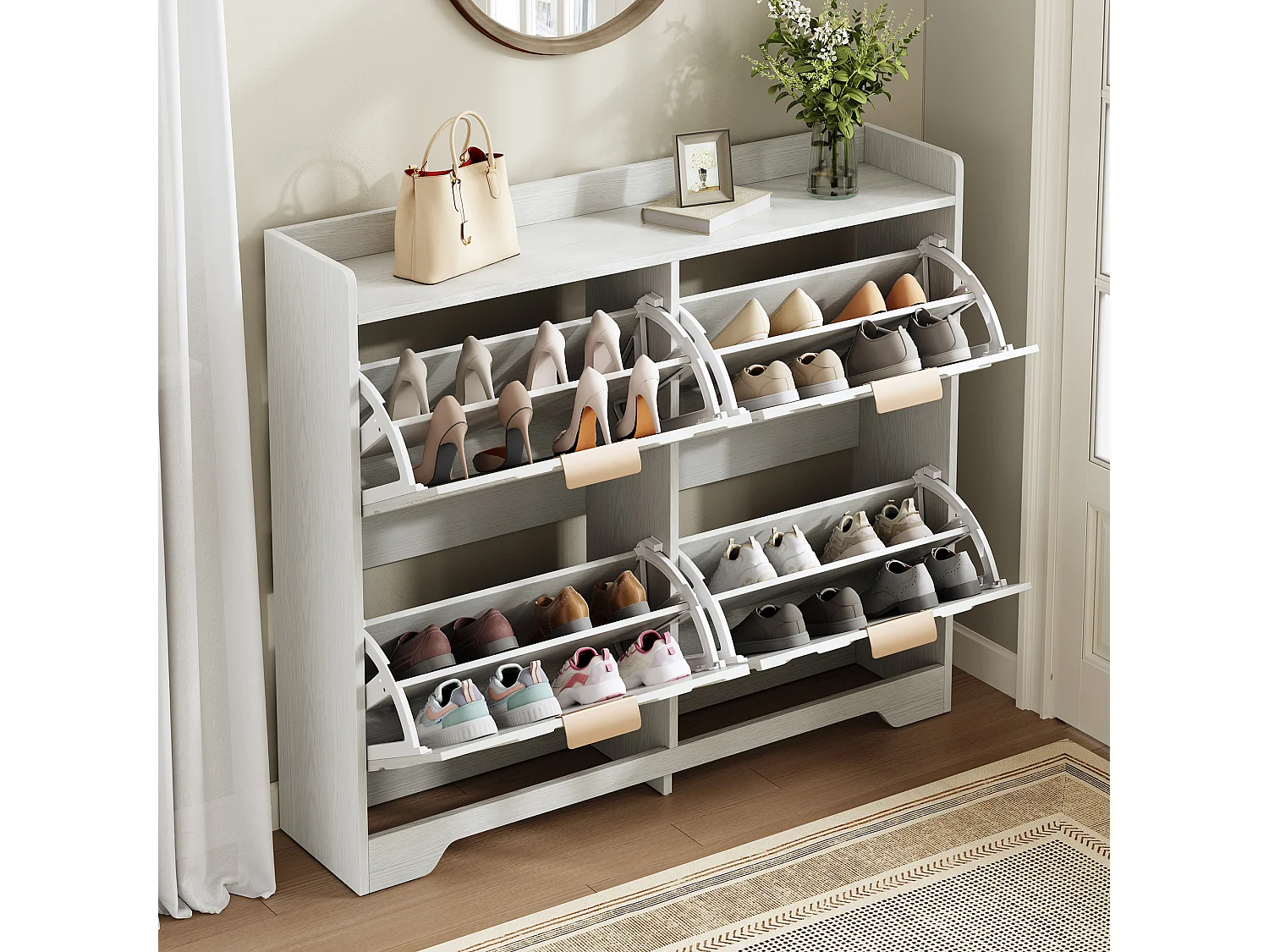 Schuhschrank für den Eingangsbereich – 105 x 24 x 90 cm – mit 4 Klappfächern – 3D-strukturierte Front – MDF – weiß