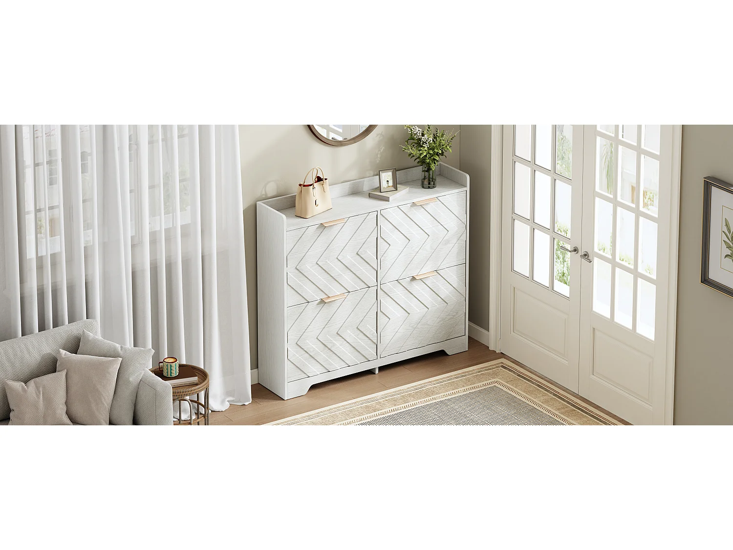 Schuhschrank für den Eingangsbereich – 105 x 24 x 90 cm – mit 4 Klappfächern – 3D-strukturierte Front – MDF – weiß