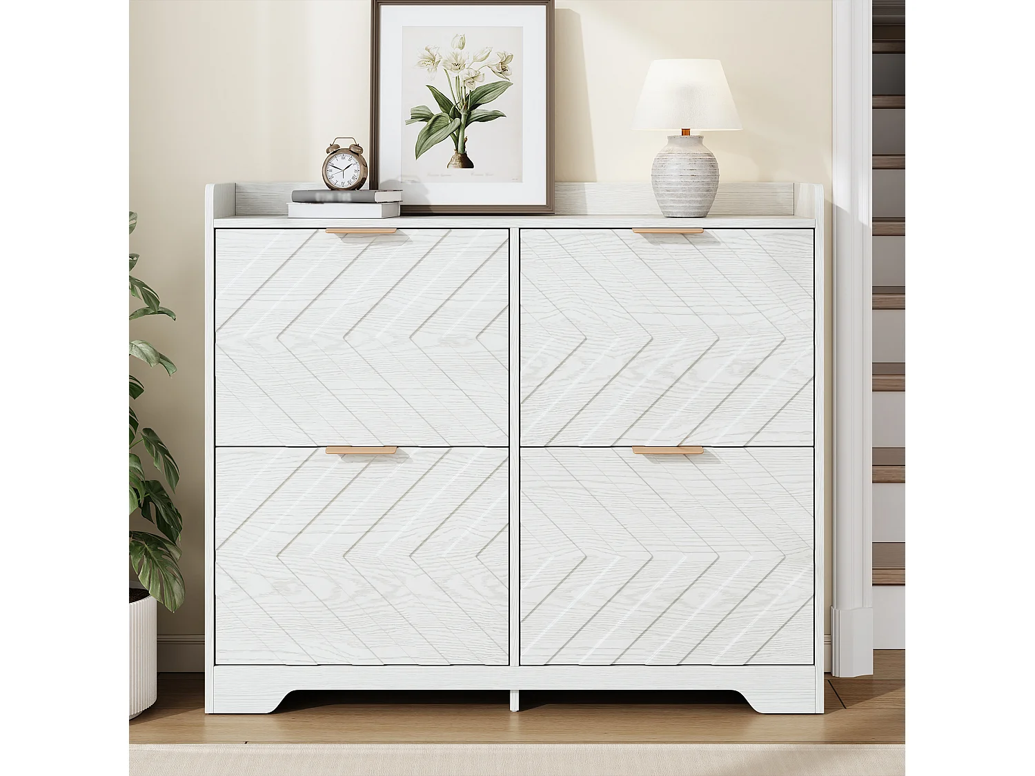 Schuhschrank für den Eingangsbereich – 105 x 24 x 90 cm – mit 4 Klappfächern – 3D-strukturierte Front – MDF – weiß