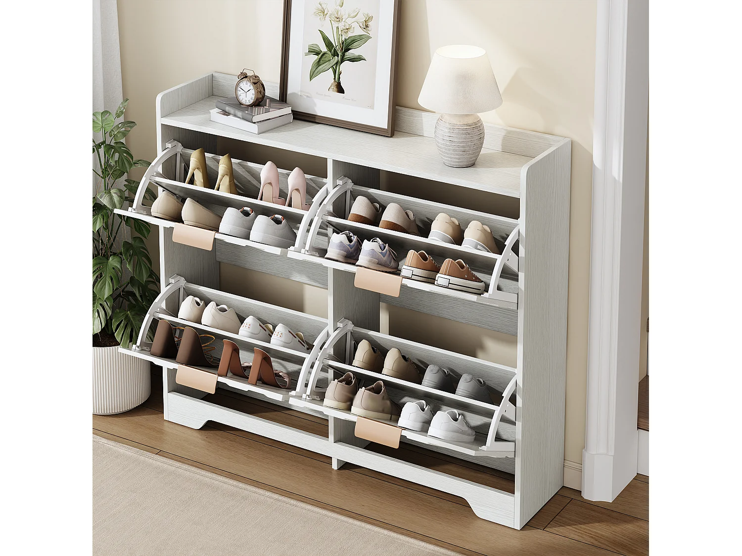 Schuhschrank für den Eingangsbereich – 105 x 24 x 90 cm – mit 4 Klappfächern – 3D-strukturierte Front – MDF – weiß