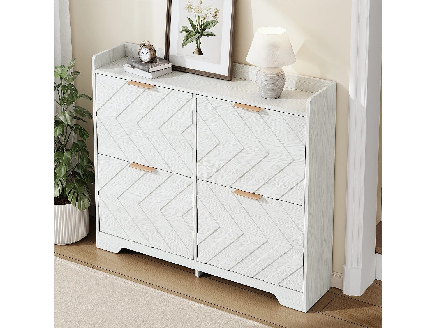 Schuhschrank für den Eingangsbereich – 105 x 24 x 90 cm – mit 4 Klappfächern – 3D-strukturierte Front – MDF – weiß