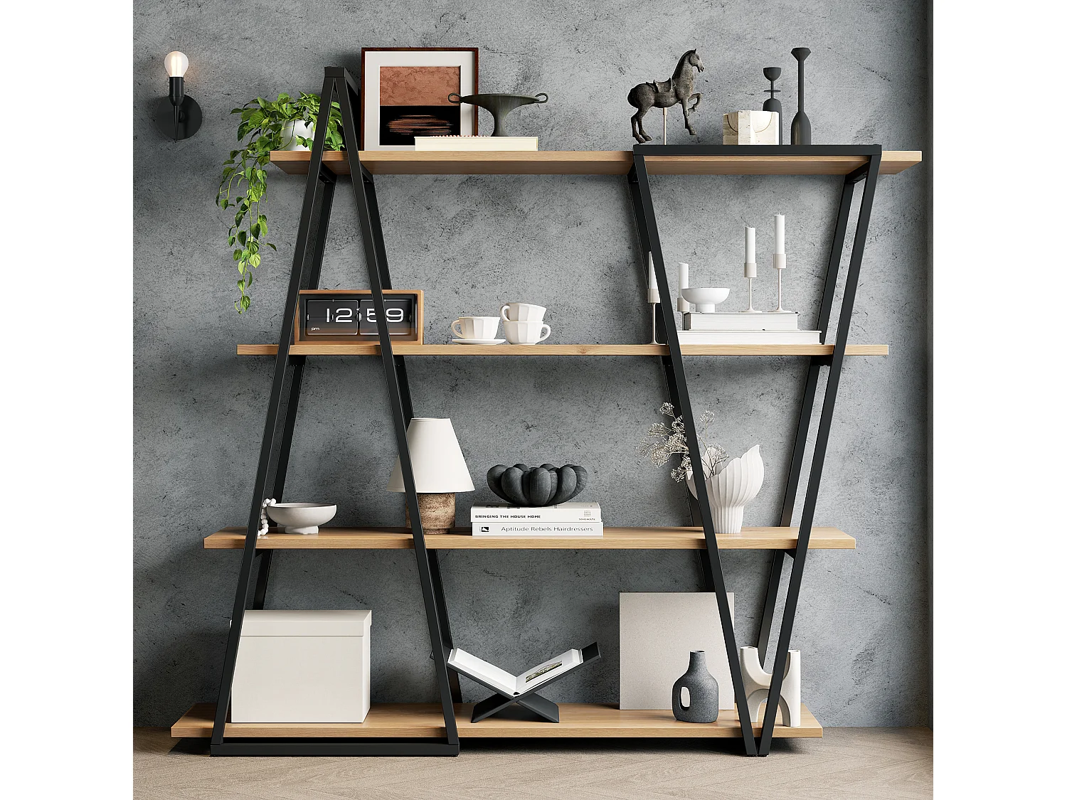 Geometrisches, freistehendes Regal – 158 x 35 x 166 cm – Metall-Bücherregal für Wohnzimmer/Büro – MDF – Schwarz + Natur
