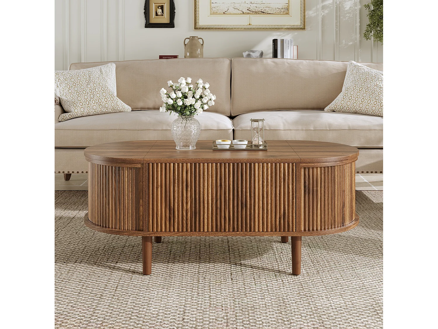 Ovaler Couchtisch mit Hebemechanismus – 100 x 48 x 53,5 cm – Vintage-Stil – mit Stauraum – MDF – braun