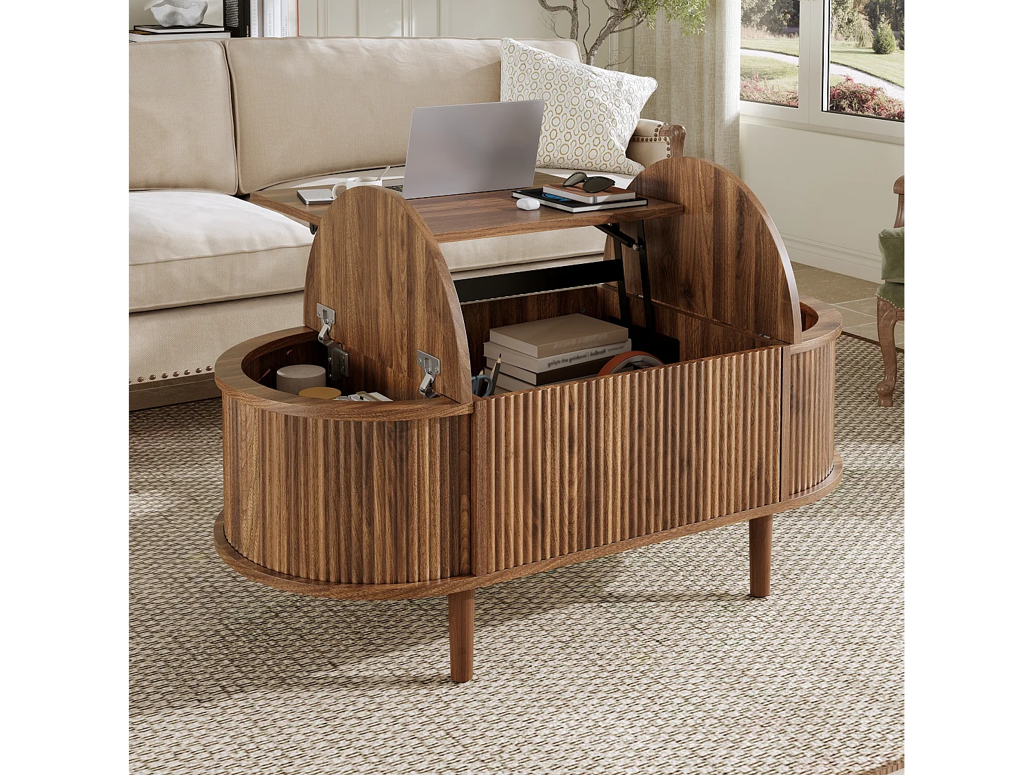 Ovaler Couchtisch mit Hebemechanismus – 100 x 48 x 53,5 cm – Vintage-Stil – mit Stauraum – MDF – braun