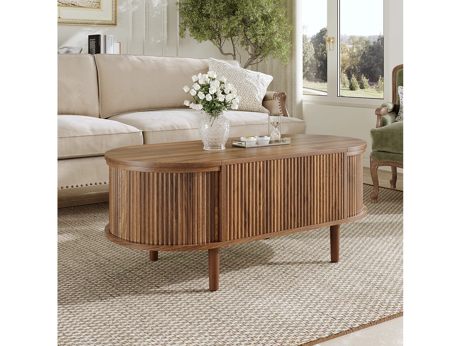 Ovaler Couchtisch mit Hebemechanismus – 100 x 48 x 53,5 cm – Vintage-Stil – mit Stauraum – MDF – braun