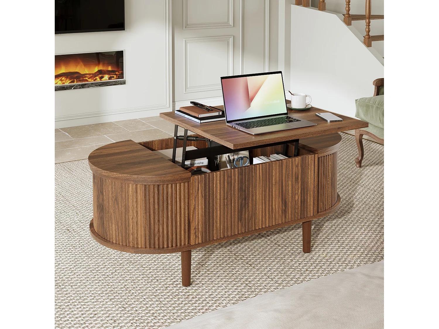 Ovaler Couchtisch mit Hebemechanismus – 100 x 48 x 53,5 cm – Vintage-Stil – mit Stauraum – MDF – braun