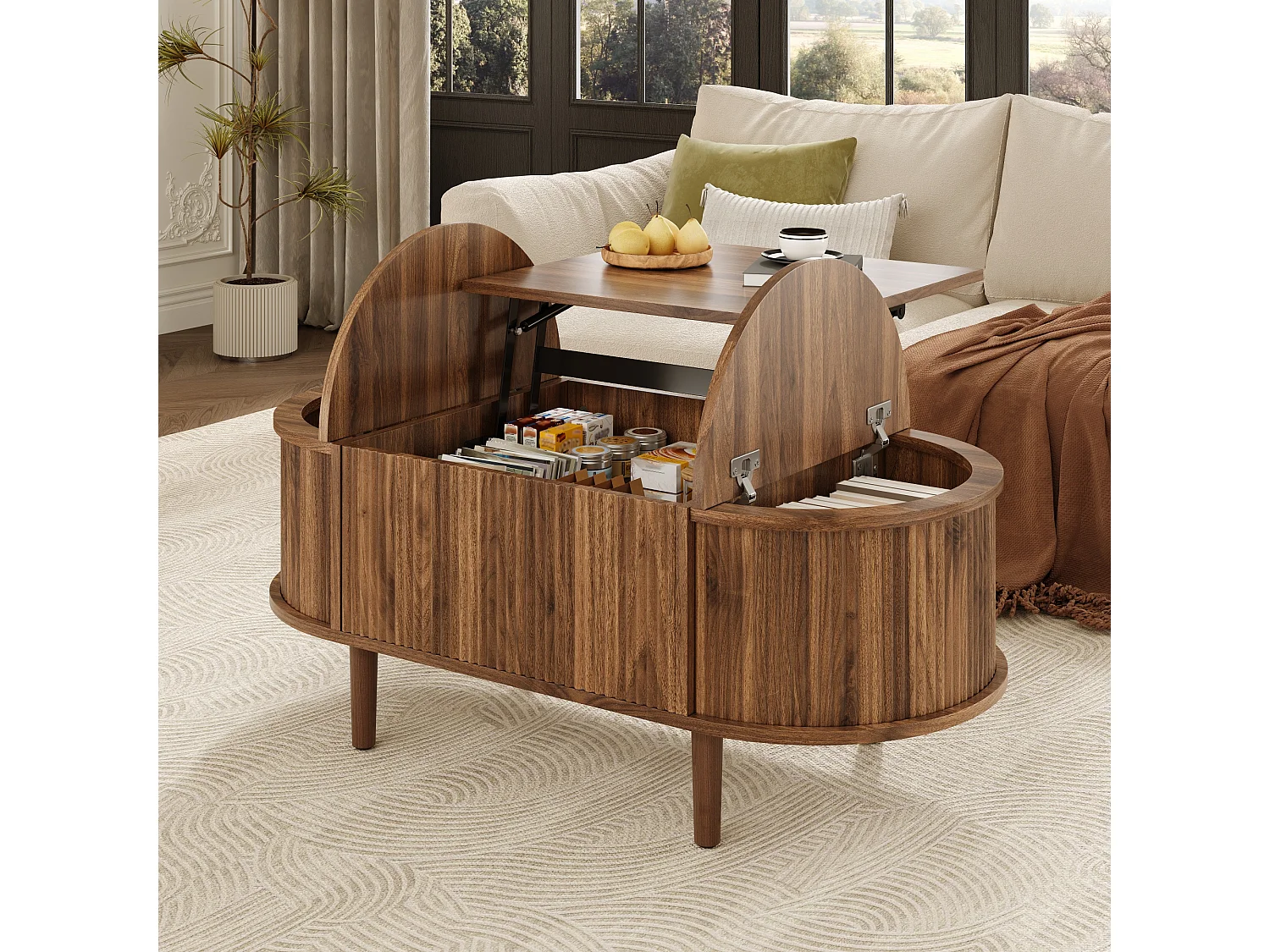 Ovaler Couchtisch mit Hebemechanismus – 100 x 48 x 53,5 cm – Vintage-Stil – mit Stauraum – MDF – braun