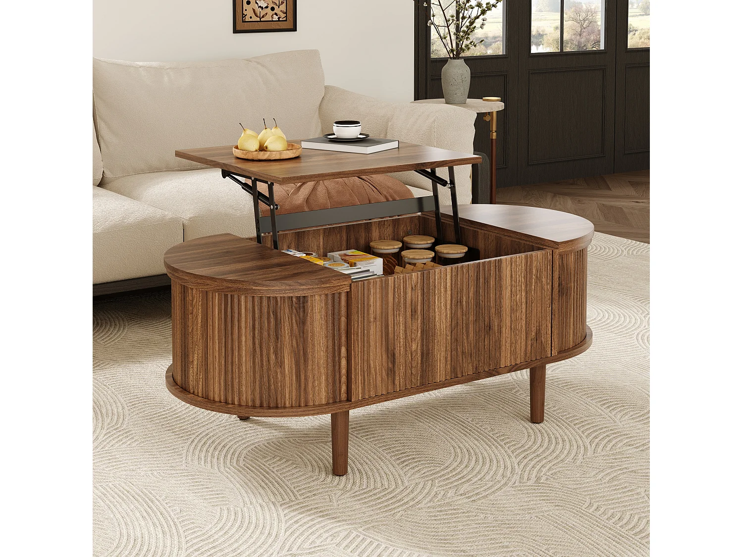 Ovaler Couchtisch mit Hebemechanismus – 100 x 48 x 53,5 cm – Vintage-Stil – mit Stauraum – MDF – braun