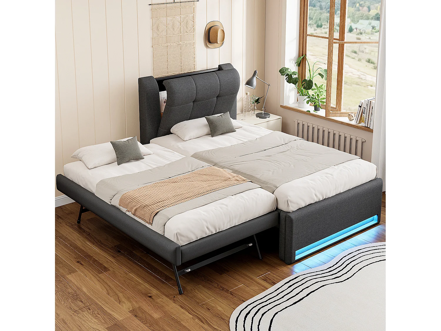 Gepolstertes Kinderbett – 90 x 200 cm – mit Ausziehbett 90 x 190 cm (flach oder ausgeklappt) + LEDs – Leinen + MDF – grau