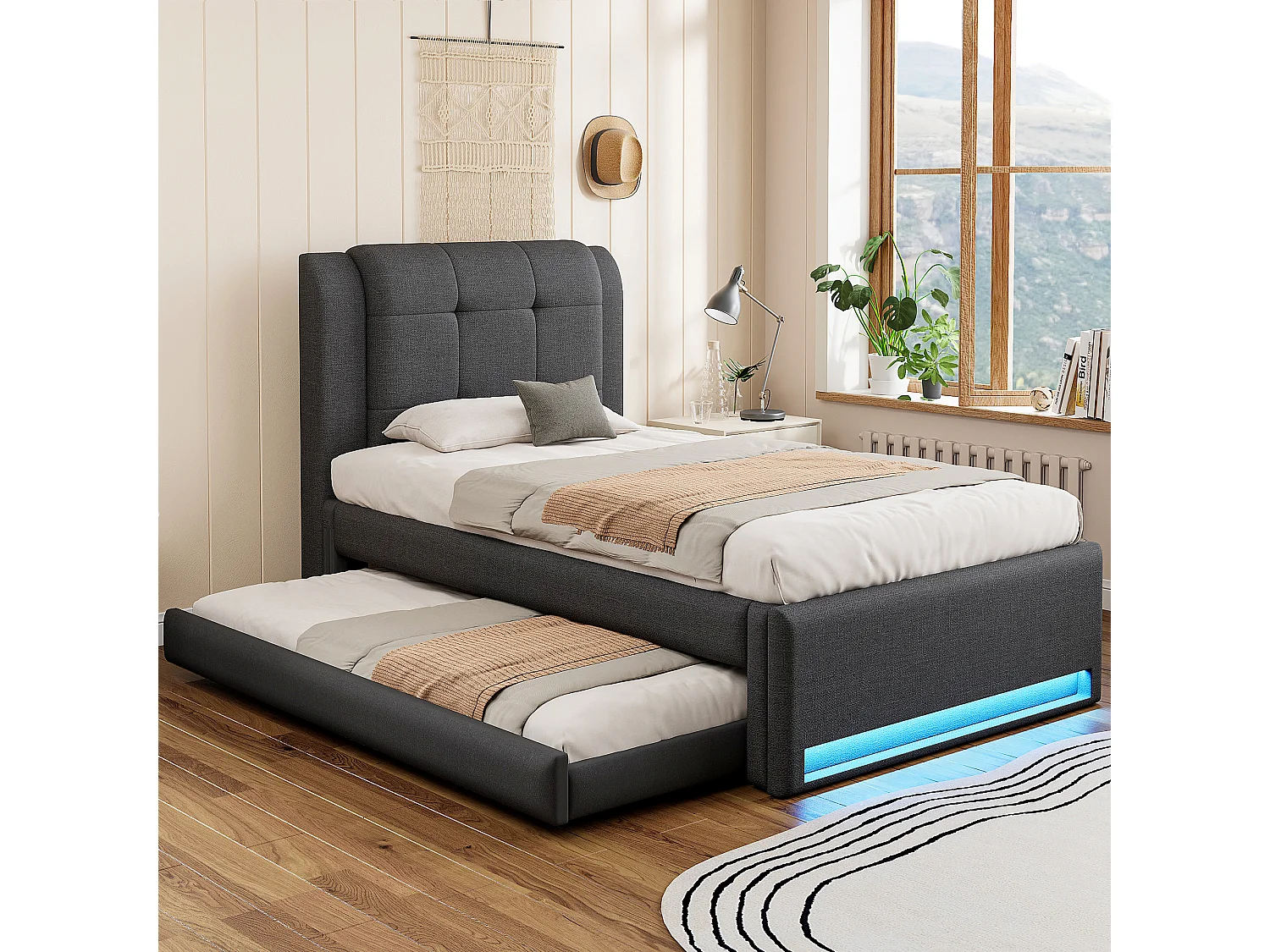 Gepolstertes Kinderbett – 90 x 200 cm – mit Ausziehbett 90 x 190 cm (flach oder ausgeklappt) + LEDs – Leinen + MDF – grau