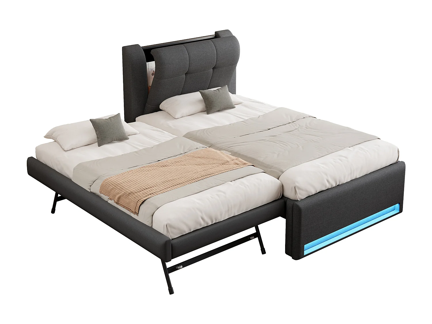 Gepolstertes Kinderbett – 90 x 200 cm – mit Ausziehbett 90 x 190 cm (flach oder ausgeklappt) + LEDs – Leinen + MDF – grau