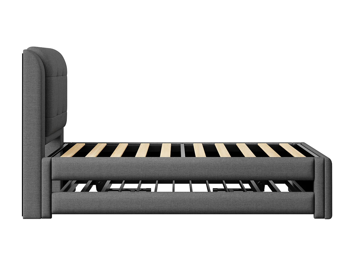 Gepolstertes Kinderbett – 90 x 200 cm – mit Ausziehbett 90 x 190 cm (flach oder ausgeklappt) + LEDs – Leinen + MDF – grau