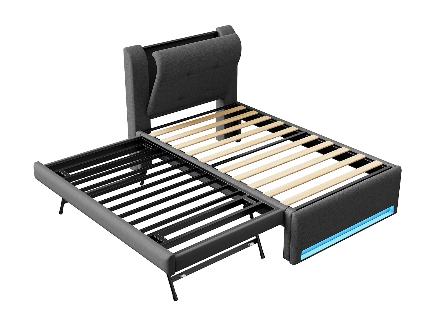 Gepolstertes Kinderbett – 90 x 200 cm – mit Ausziehbett 90 x 190 cm (flach oder ausgeklappt) + LEDs – Leinen + MDF – grau