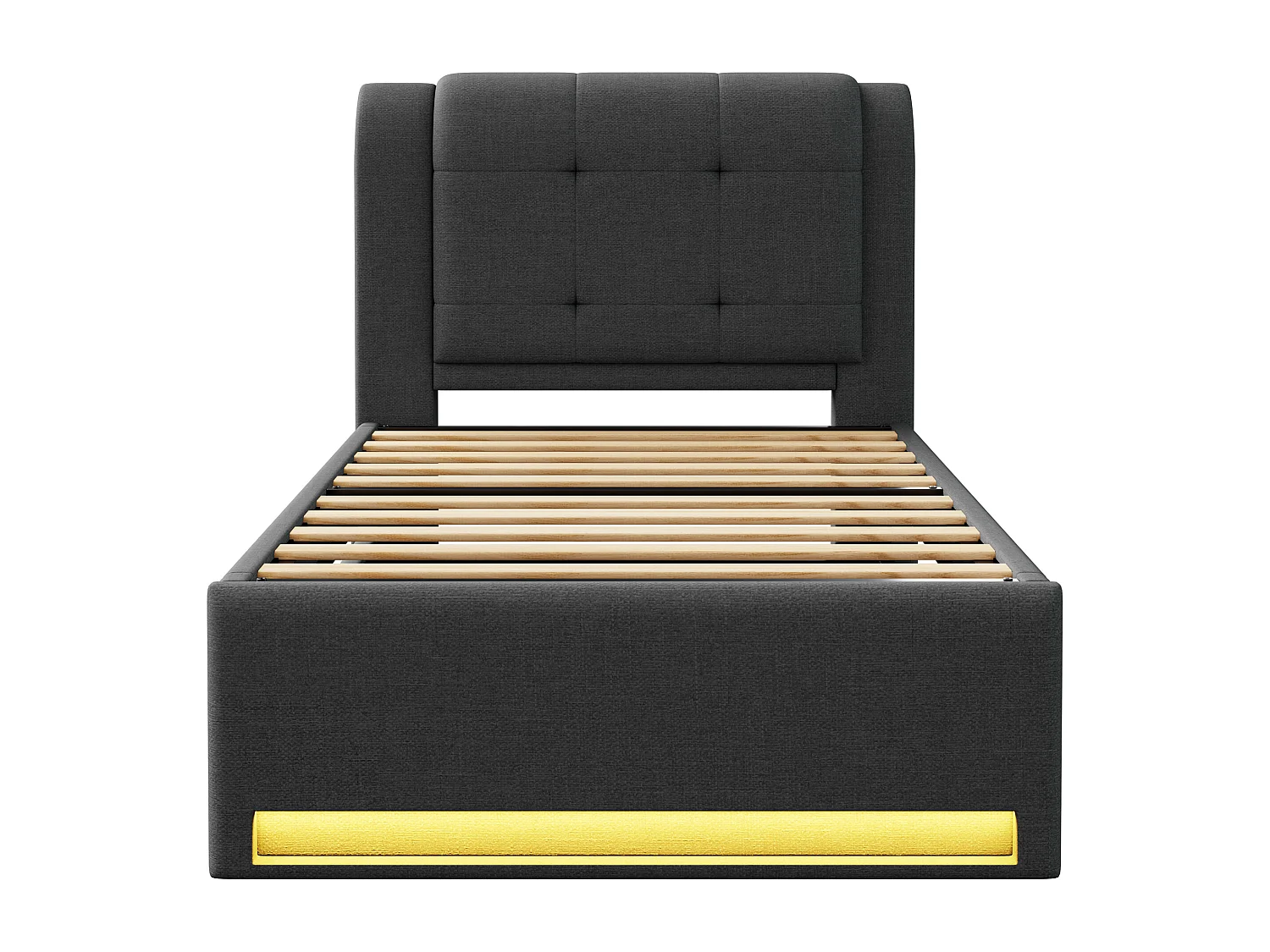 Gepolstertes Kinderbett – 90 x 200 cm – mit Ausziehbett 90 x 190 cm (flach oder ausgeklappt) + LEDs – Leinen + MDF – grau