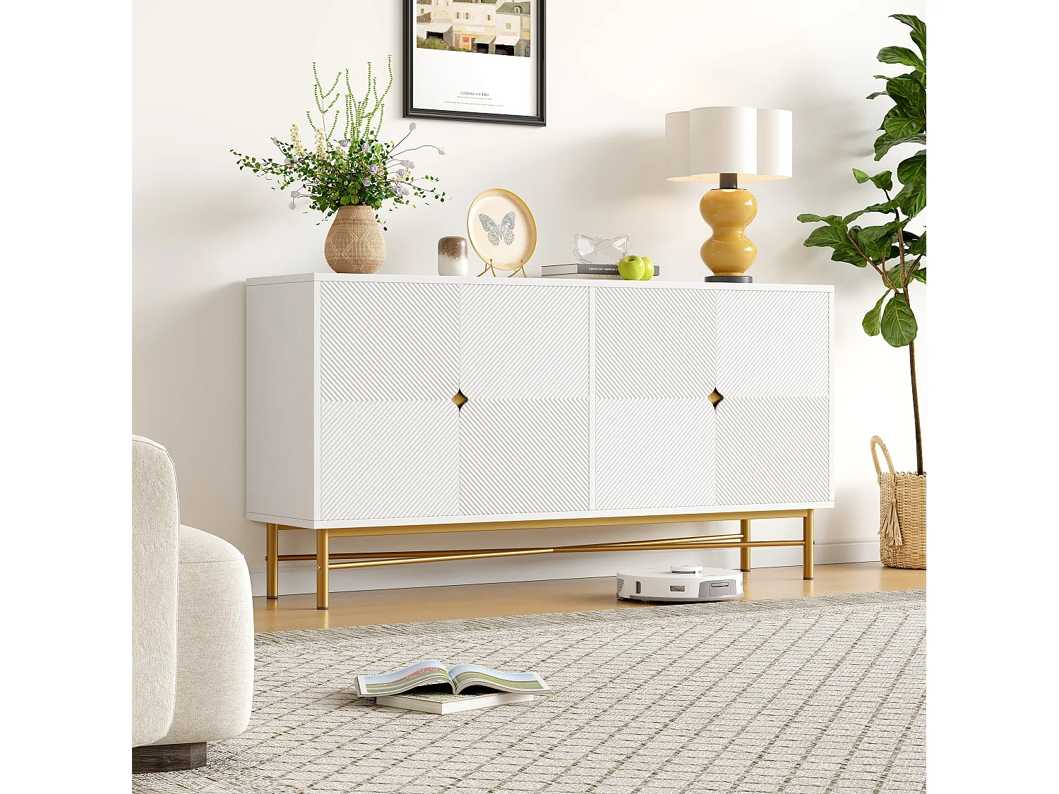 Buffet à texture en relief - 160 x 40 x 82 cm -  avec 4 portes - pieds laqués brillants - MDF + aggloméré - blanc