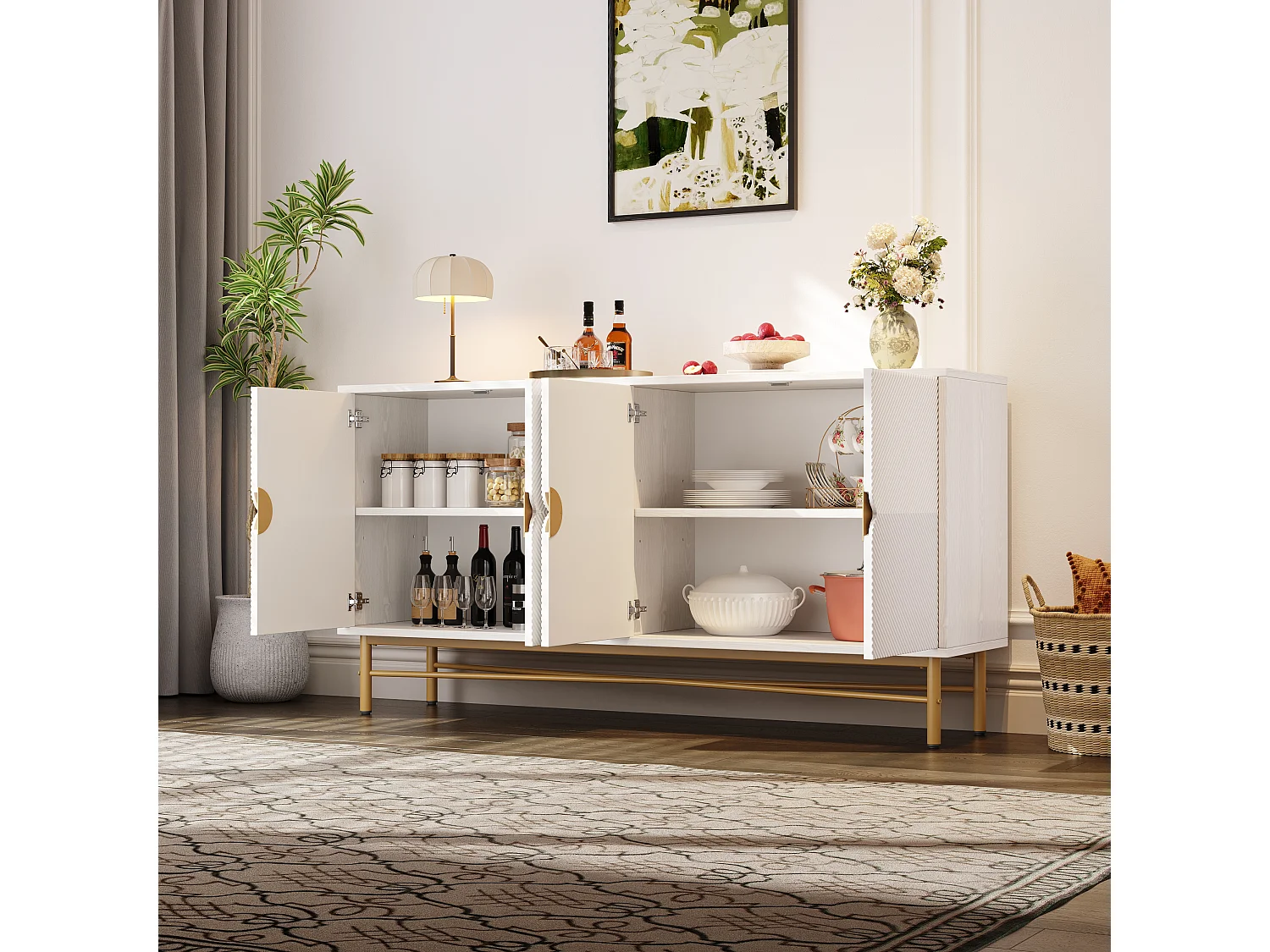 Buffet à texture en relief - 160 x 40 x 82 cm -  avec 4 portes - pieds laqués brillants - MDF + aggloméré - blanc