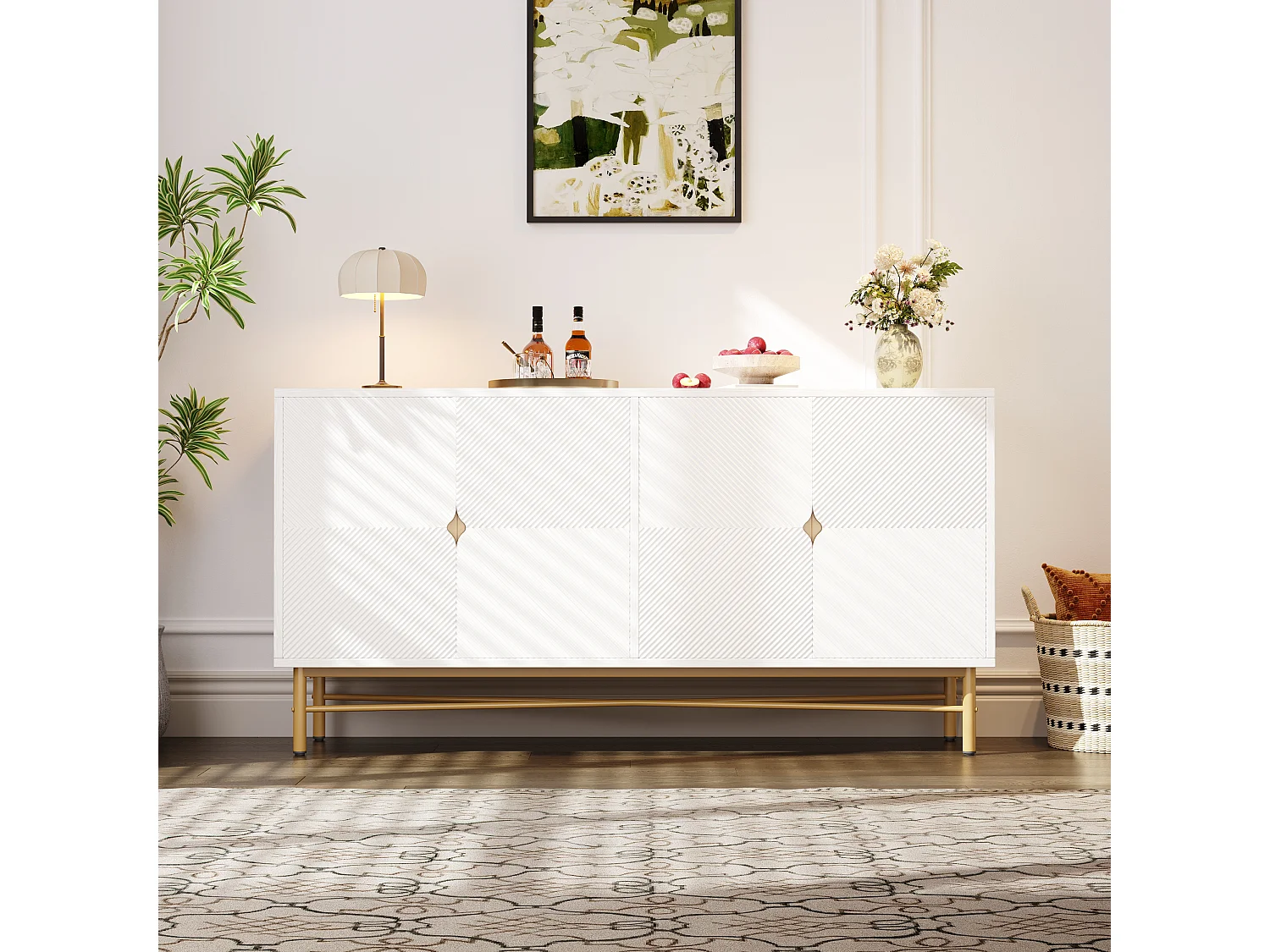 Buffet à texture en relief - 160 x 40 x 82 cm -  avec 4 portes - pieds laqués brillants - MDF + aggloméré - blanc