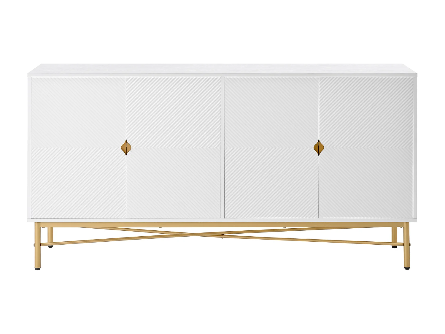 Buffet à texture en relief - 160 x 40 x 82 cm -  avec 4 portes - pieds laqués brillants - MDF + aggloméré - blanc