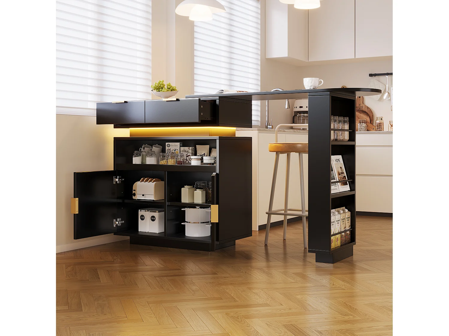 Uitschuifbare bartafel met 360° draaifunctie - 115-183 x 40 x 99 cm - met deuren + planken + LED-verlichting - MDF - zwart