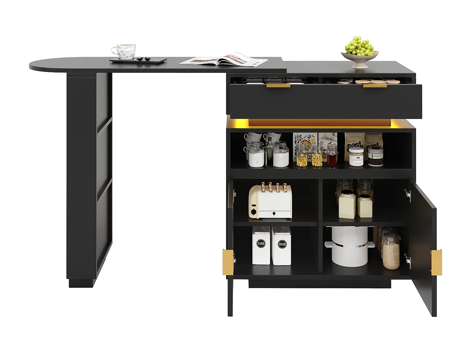 Uitschuifbare bartafel met 360° draaifunctie - 115-183 x 40 x 99 cm - met deuren + planken + LED-verlichting - MDF - zwart