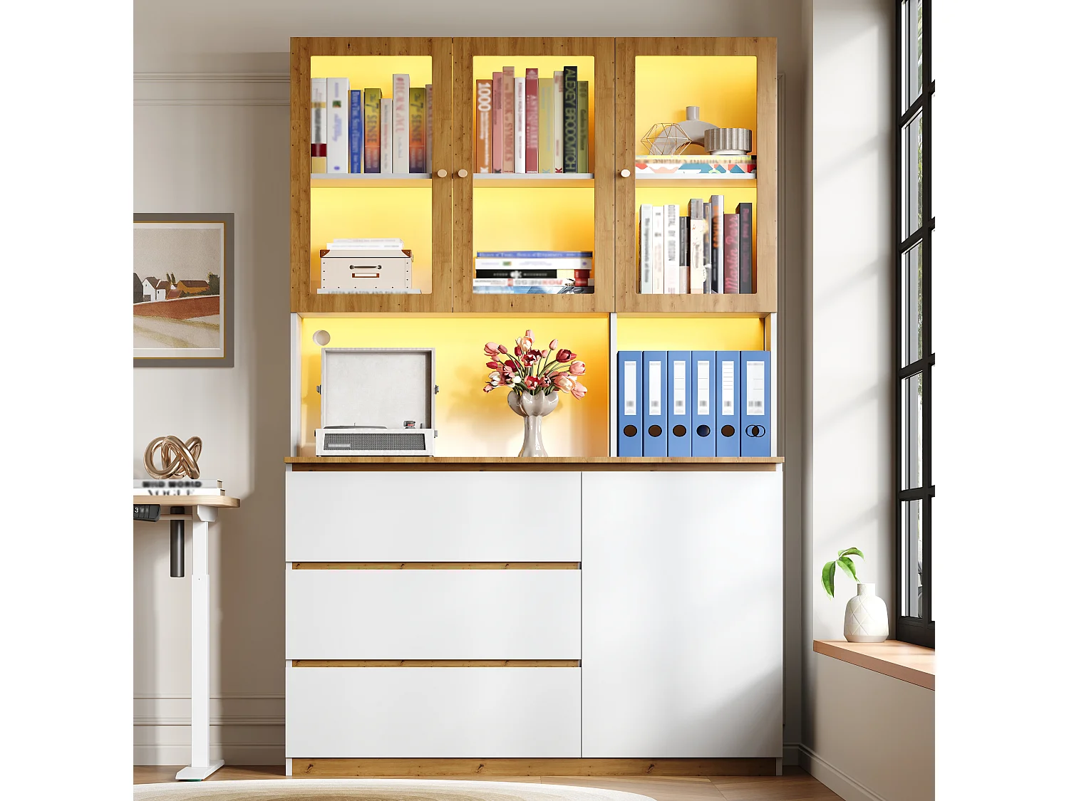 Moderne Vitrine – 120 x 40 x 200 cm – mit Glastüren, LED-Beleuchtung, offenem Fach und 3 Schubladen – MDF – weiß