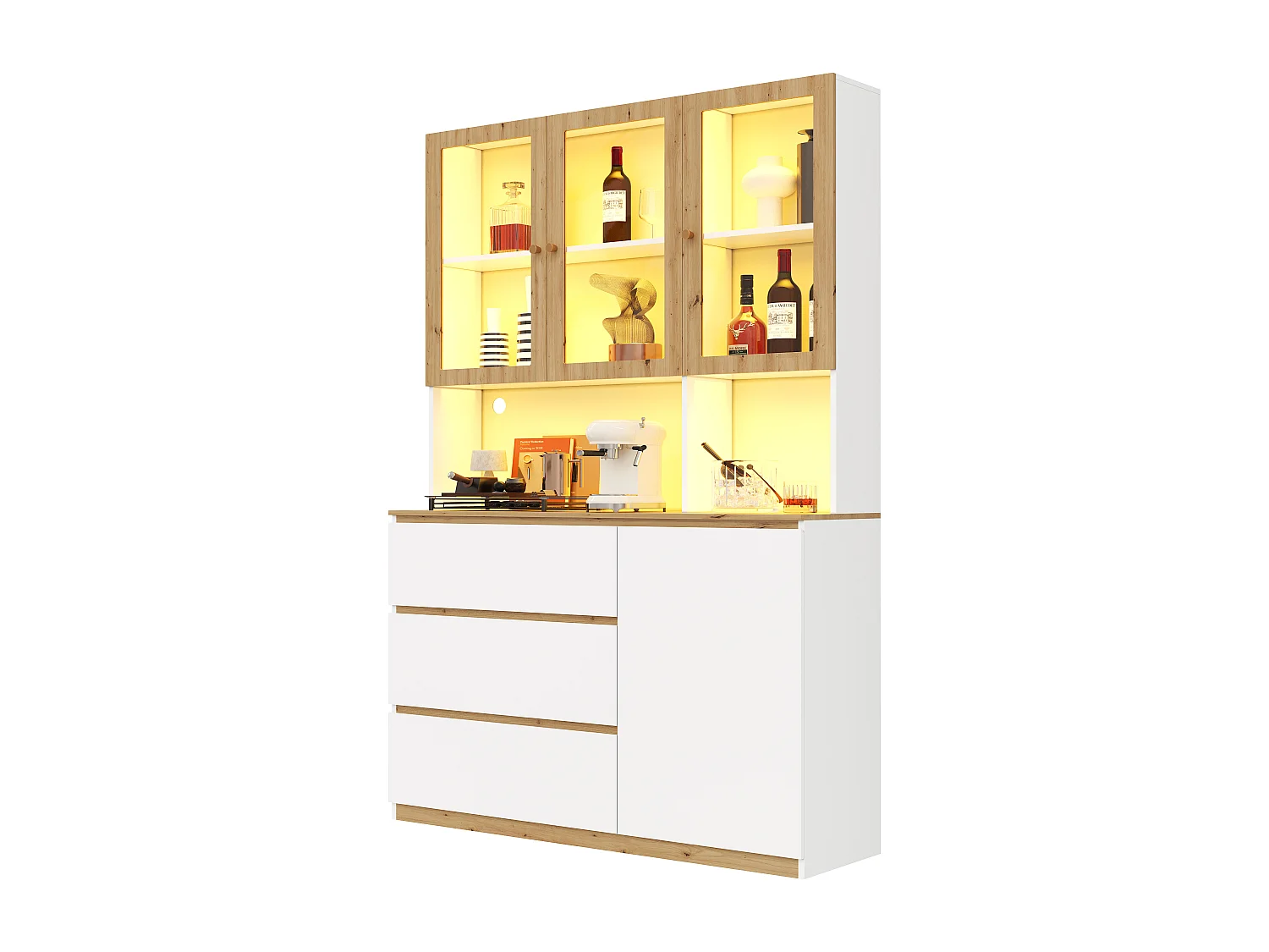 Moderne Vitrine – 120 x 40 x 200 cm – mit Glastüren, LED-Beleuchtung, offenem Fach und 3 Schubladen – MDF – weiß