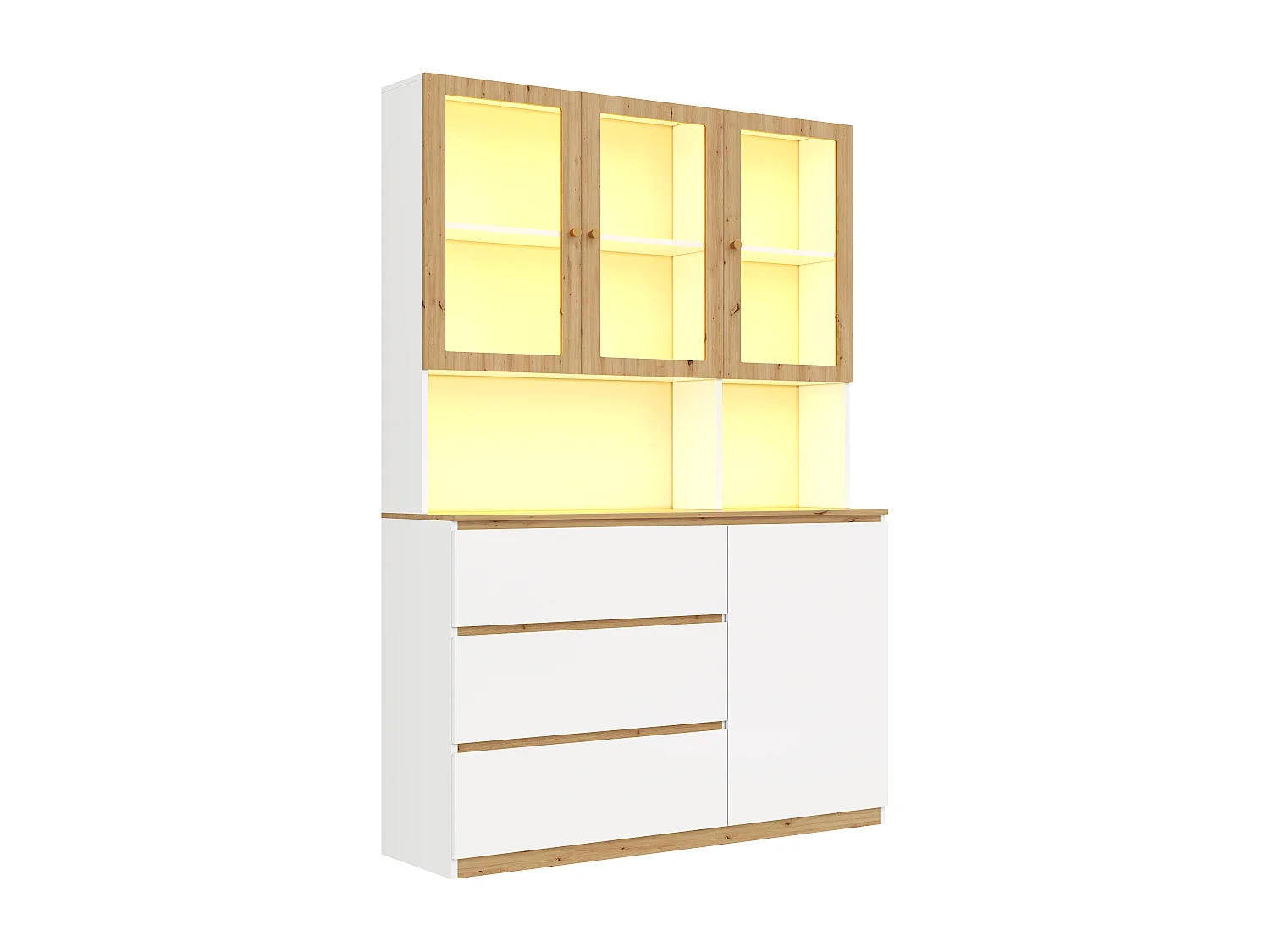 Moderne Vitrine – 120 x 40 x 200 cm – mit Glastüren, LED-Beleuchtung, offenem Fach und 3 Schubladen – MDF – weiß