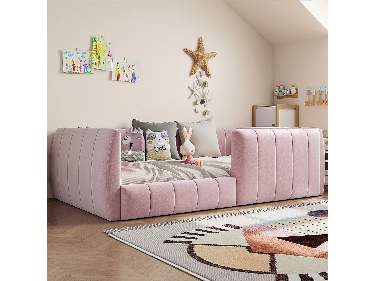 Lit plateforme rembourré pour enfant - 90 x 200 cm - avec barrière de sécurité - MDF - rose