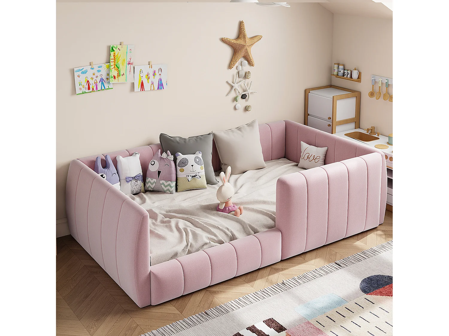 Lit plateforme rembourré pour enfant - 90 x 200 cm - avec barrière de sécurité - MDF - rose