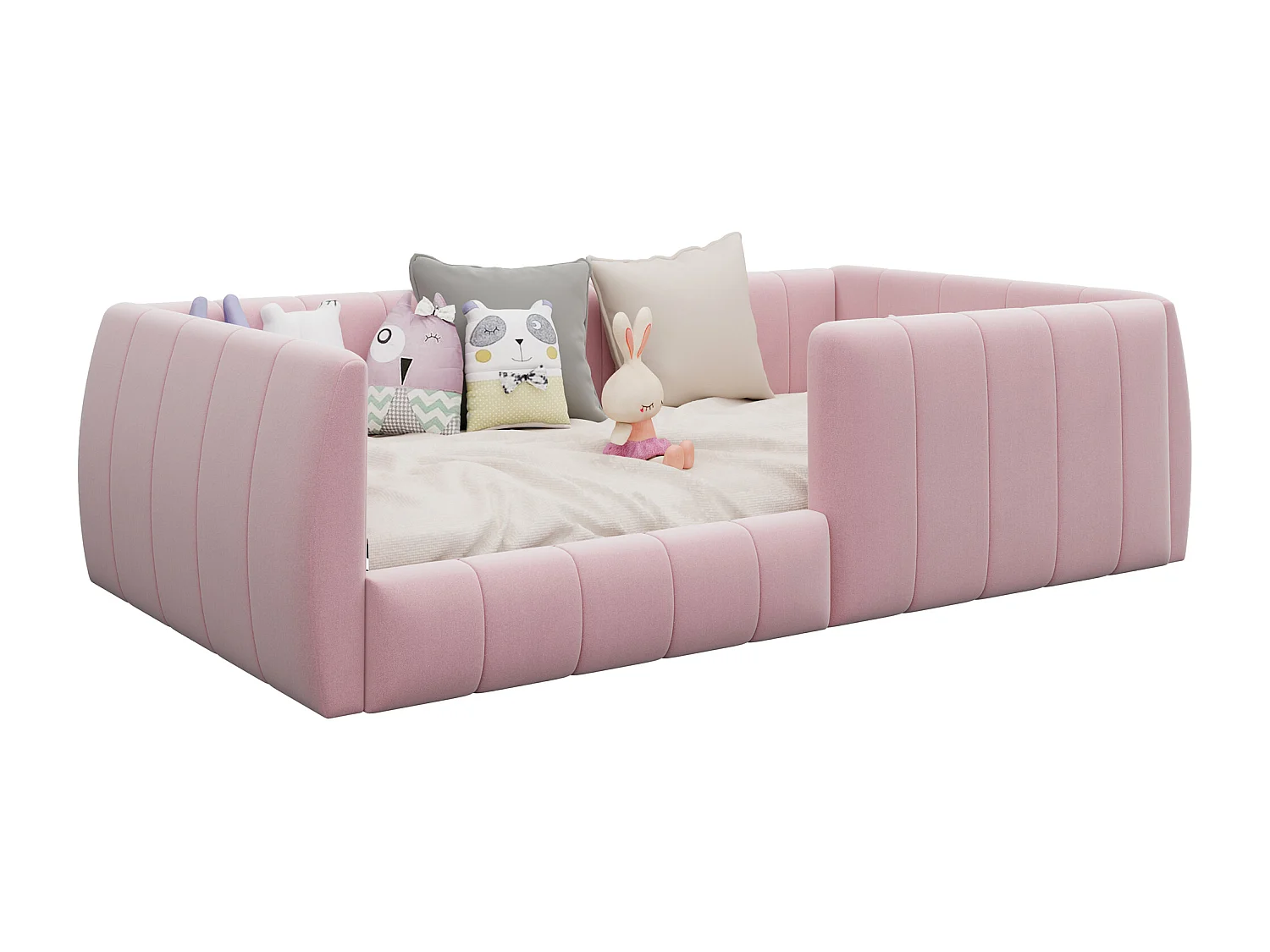 Lit plateforme rembourré pour enfant - 90 x 200 cm - avec barrière de sécurité - MDF - rose