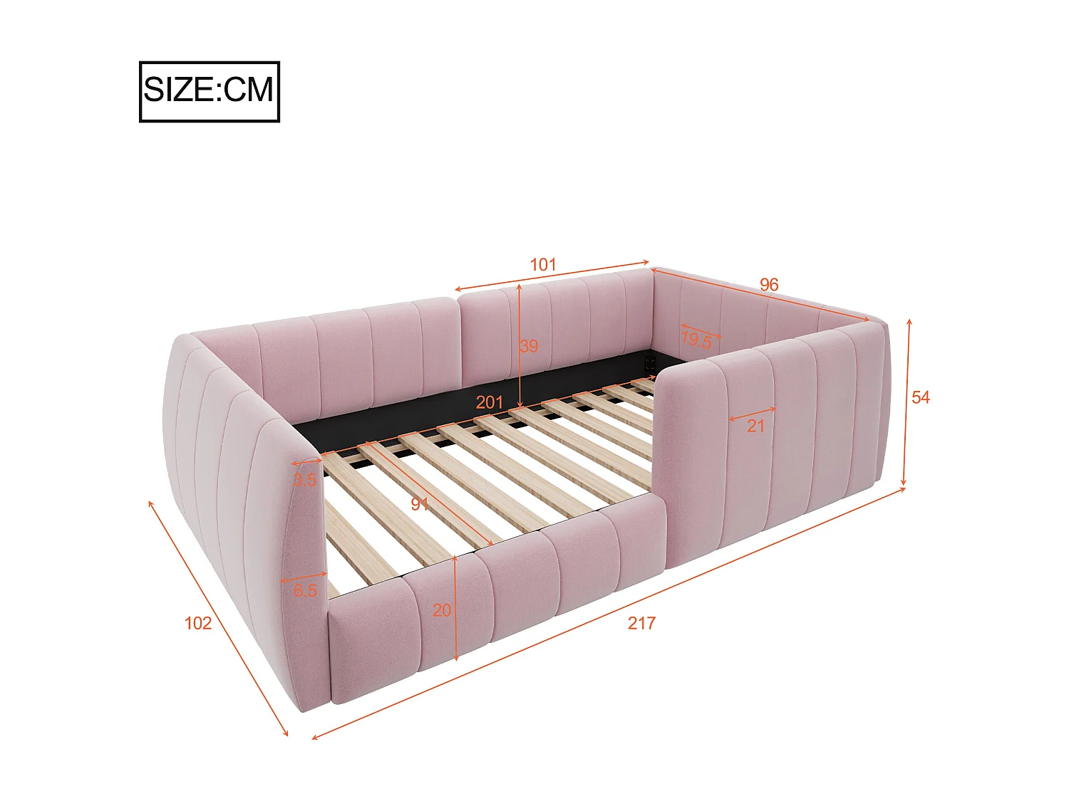 Lit plateforme rembourré pour enfant - 90 x 200 cm - avec barrière de sécurité - MDF - rose