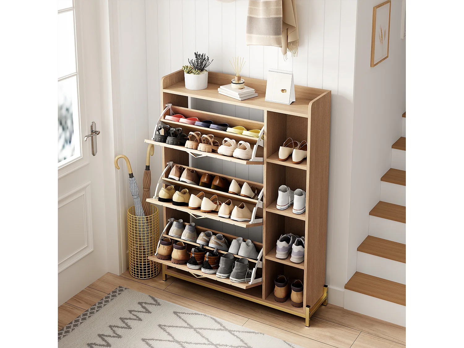 Schuhschrank im nordischen Stil – 90 x 24 x 119 cm – Eichenoptik – mit 3 Türen + offenen Regalböden – MDF – natur