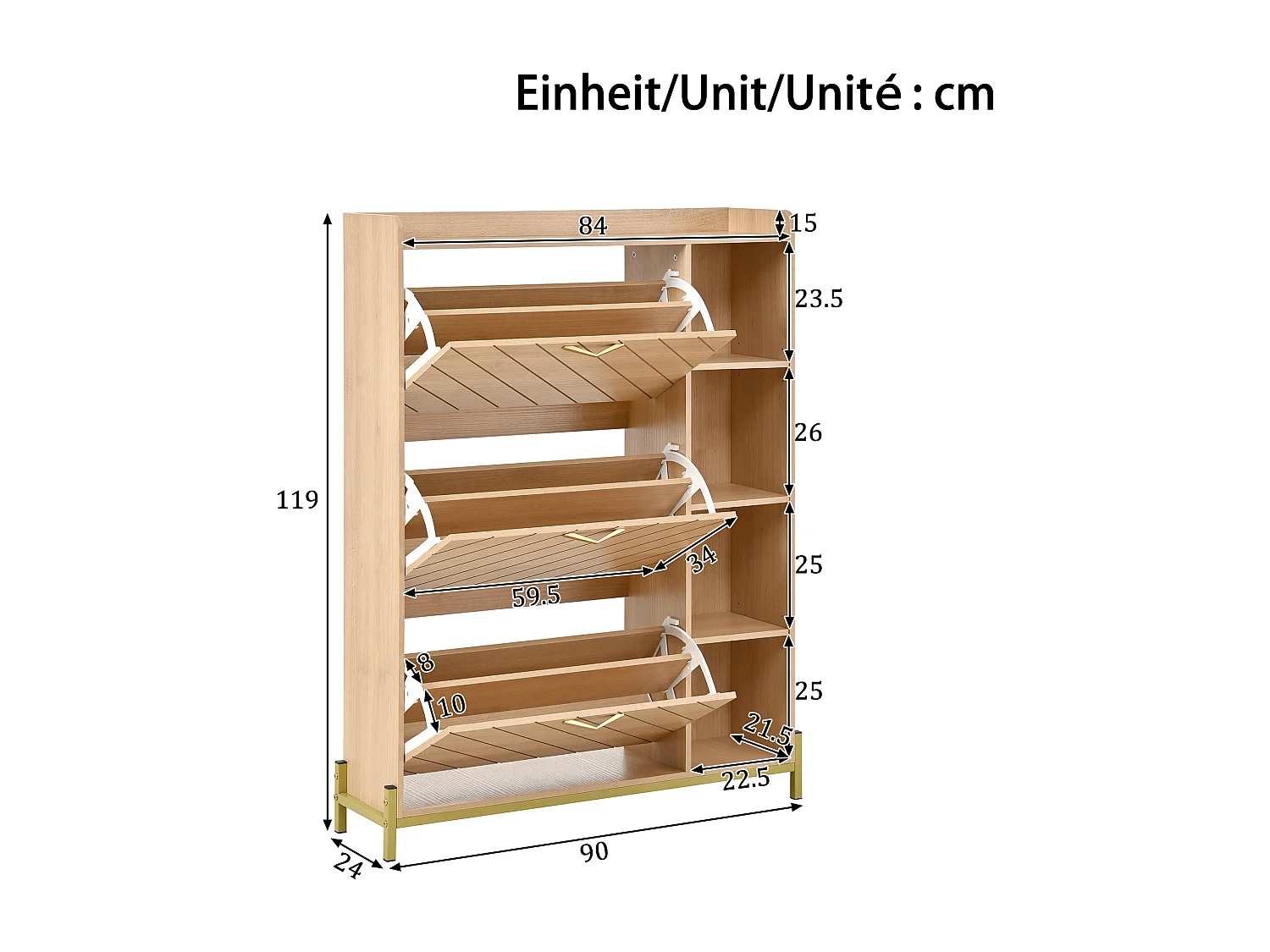 Schuhschrank im nordischen Stil – 90 x 24 x 119 cm – Eichenoptik – mit 3 Türen + offenen Regalböden – MDF – natur