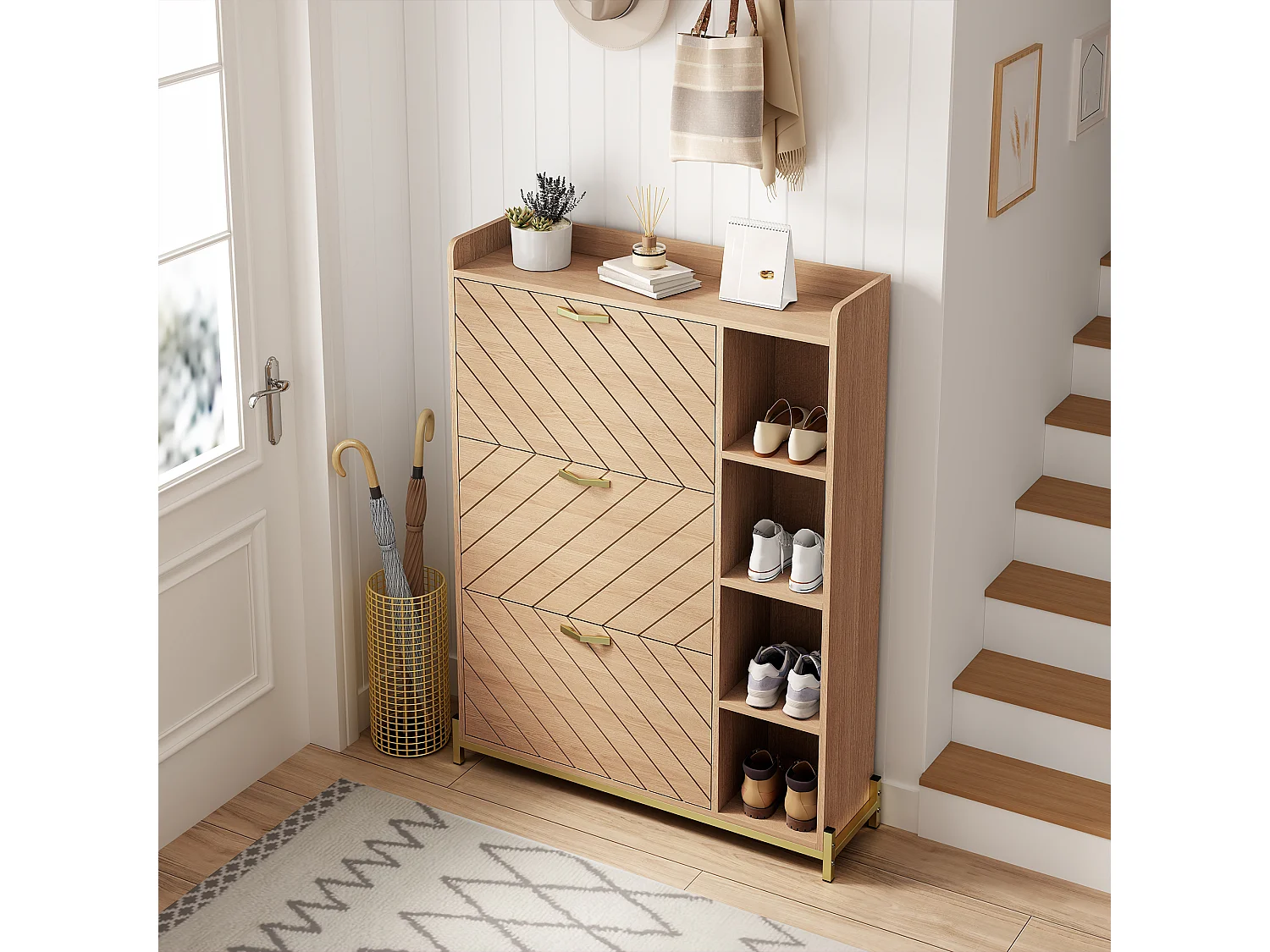 Schuhschrank im nordischen Stil – 90 x 24 x 119 cm – Eichenoptik – mit 3 Türen + offenen Regalböden – MDF – natur