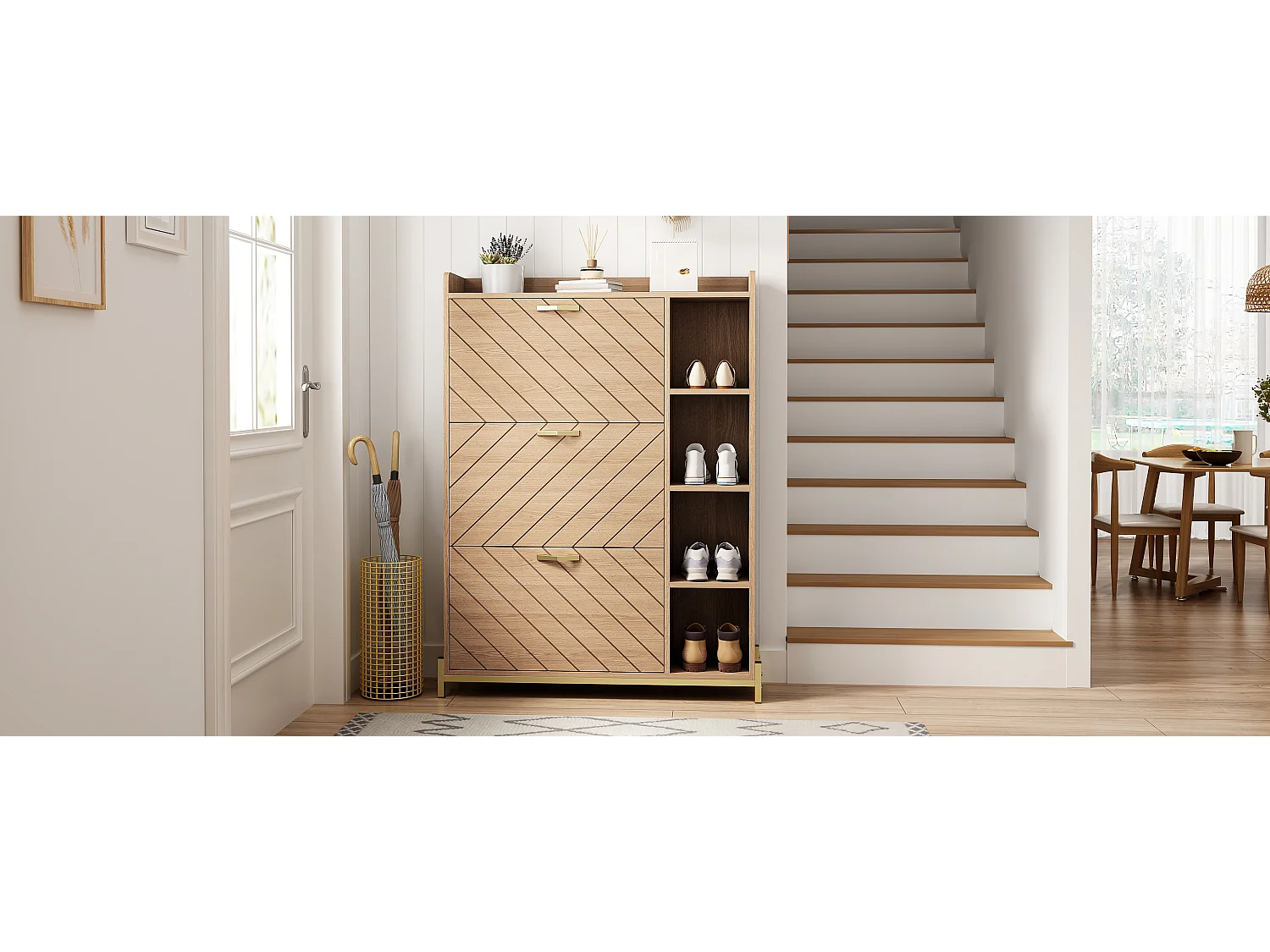 Schuhschrank im nordischen Stil – 90 x 24 x 119 cm – Eichenoptik – mit 3 Türen + offenen Regalböden – MDF – natur