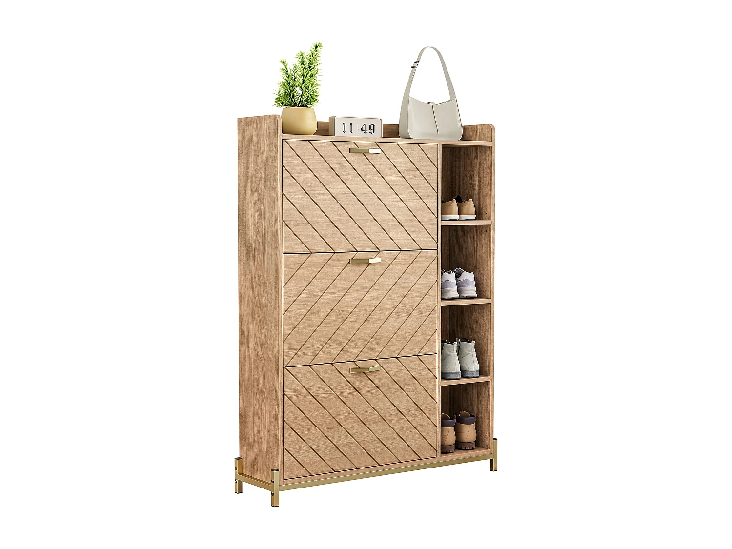 Schuhschrank im nordischen Stil – 90 x 24 x 119 cm – Eichenoptik – mit 3 Türen + offenen Regalböden – MDF – natur