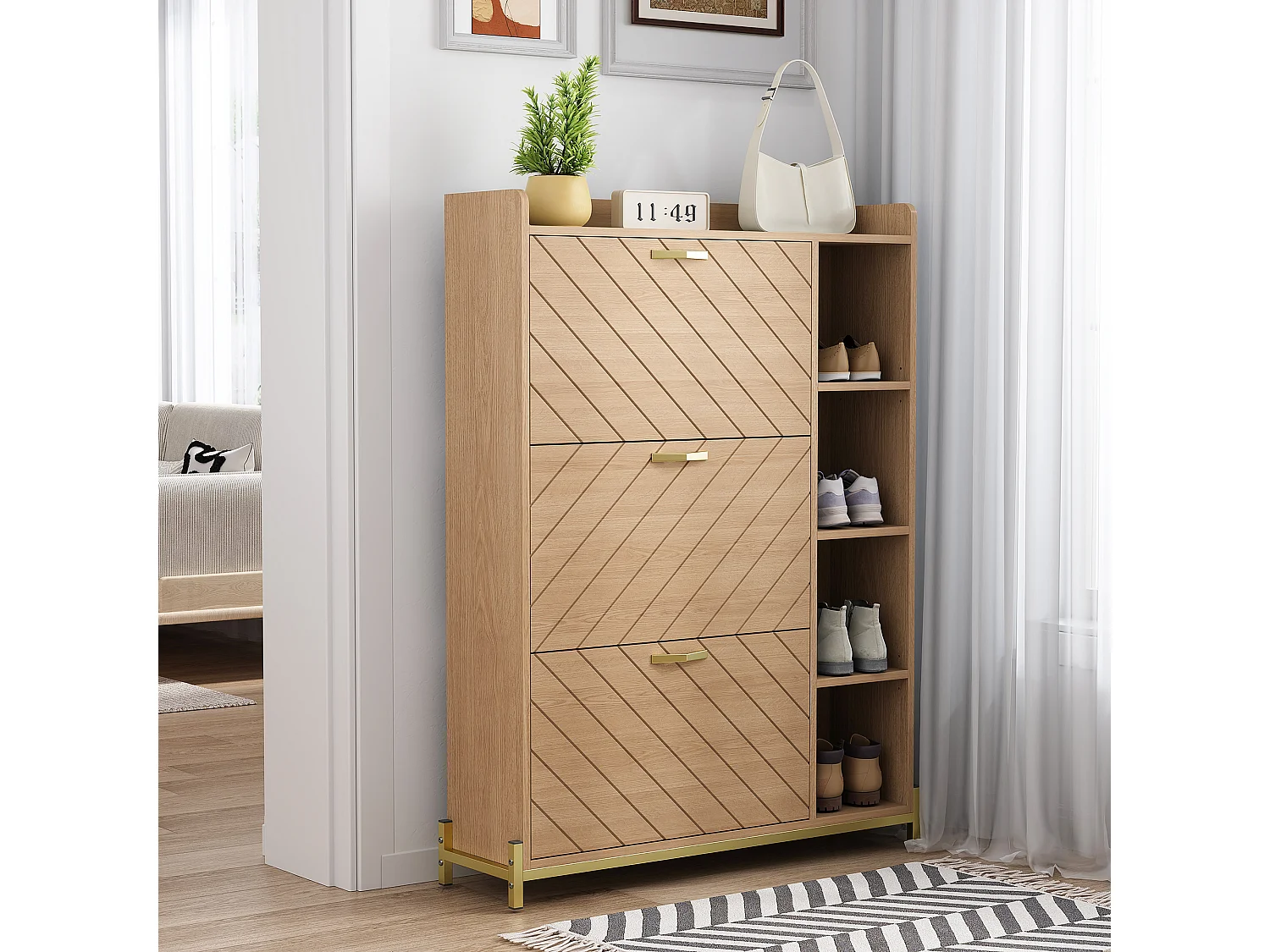 Schuhschrank im nordischen Stil – 90 x 24 x 119 cm – Eichenoptik – mit 3 Türen + offenen Regalböden – MDF – natur