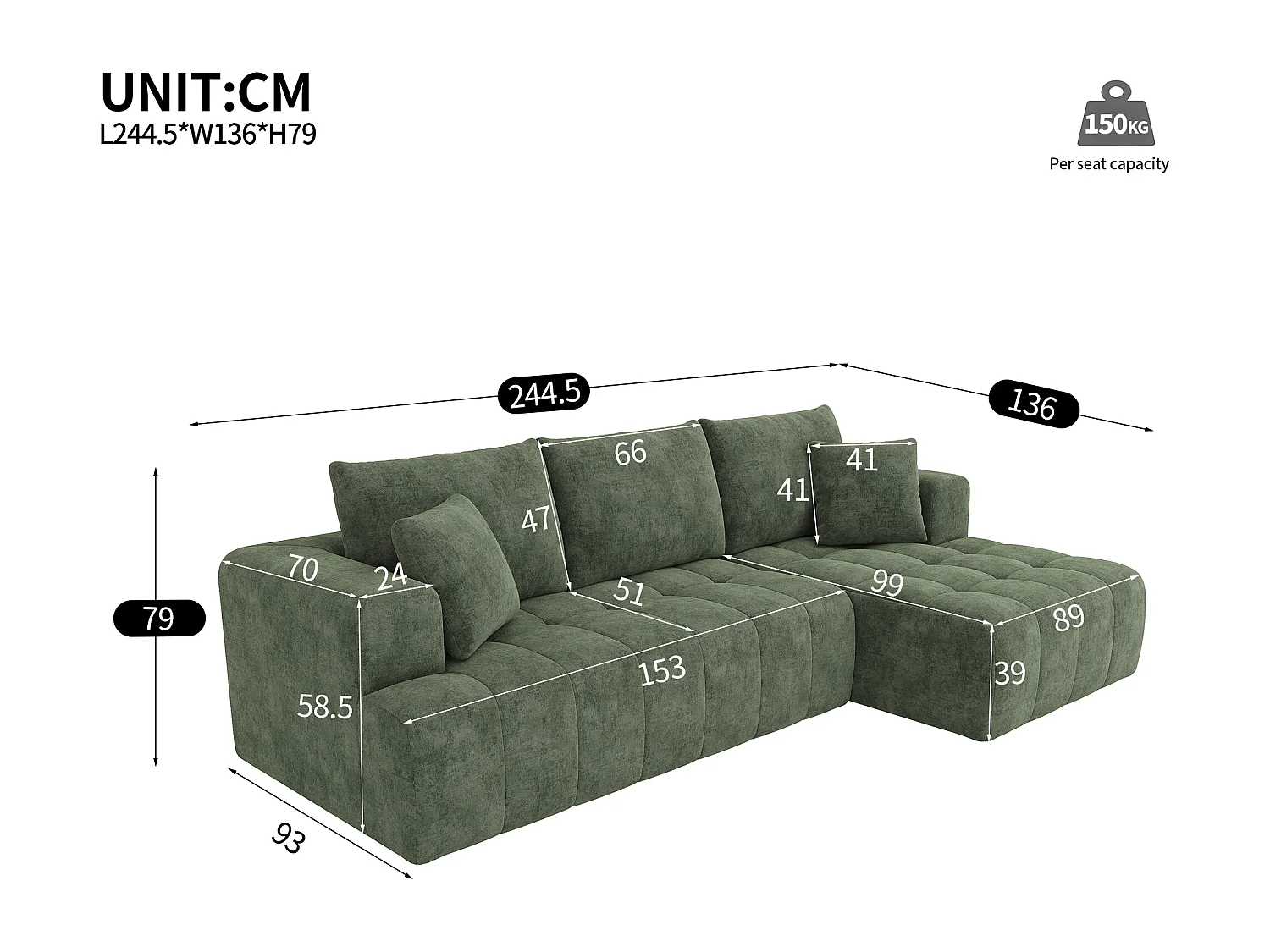Sofá modular sem estrutura - 244,5 x 136 x 79 cm - combinações livres - não requer montagem - veludo - verde