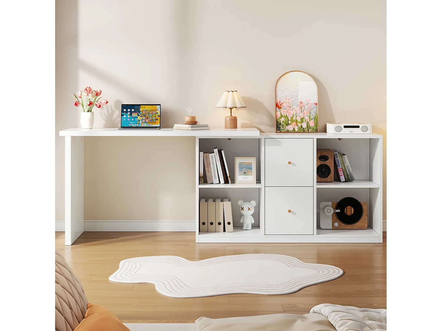 Moderner L-förmiger Eckschreibtisch – 120 x 50 x 78/130 x 35 cm – mit 2 Schubladen und Ablagefächern – MDF – weiß