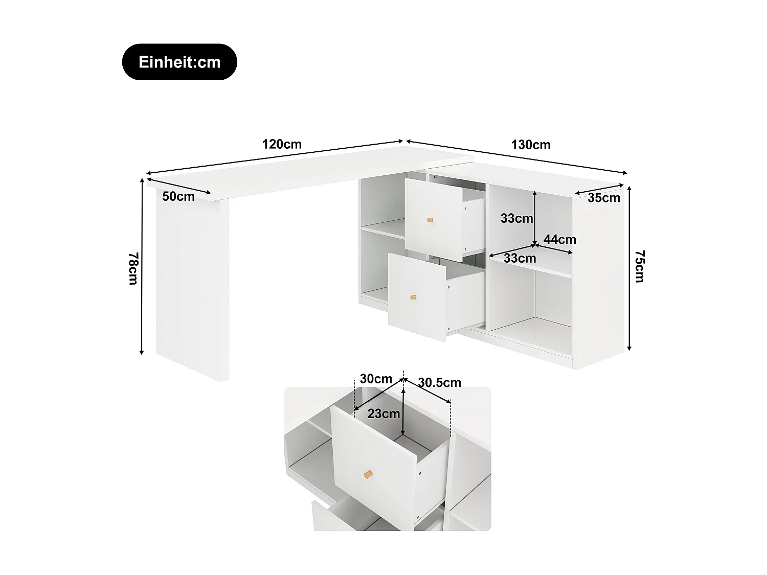 Moderner L-förmiger Eckschreibtisch – 120 x 50 x 78/130 x 35 cm – mit 2 Schubladen und Ablagefächern – MDF – weiß