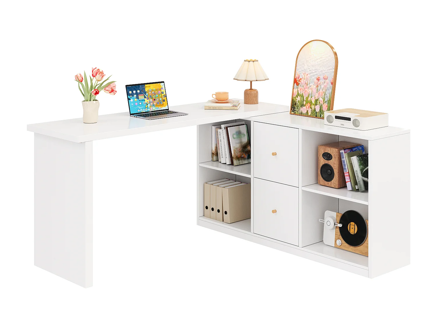 Moderner L-förmiger Eckschreibtisch – 120 x 50 x 78/130 x 35 cm – mit 2 Schubladen und Ablagefächern – MDF – weiß