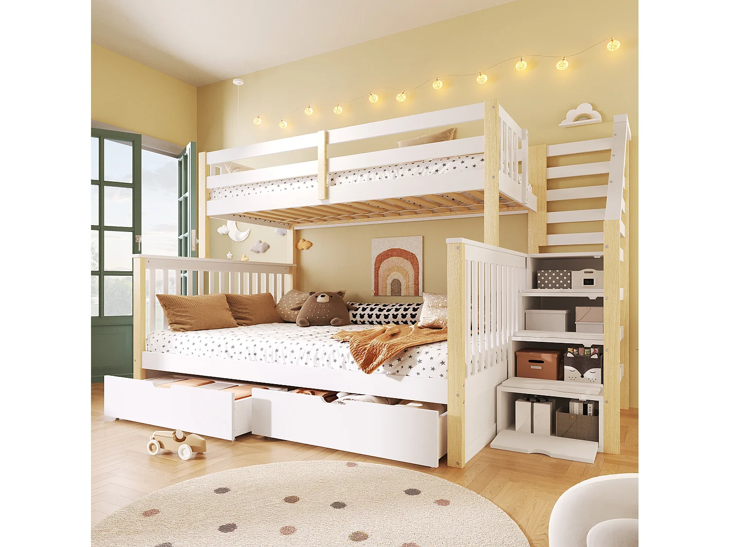 Litera infantil - 90 x 200 cm + 140 x 200 cm - con 2 cajones + escalera de almacenamiento - madera - blanca