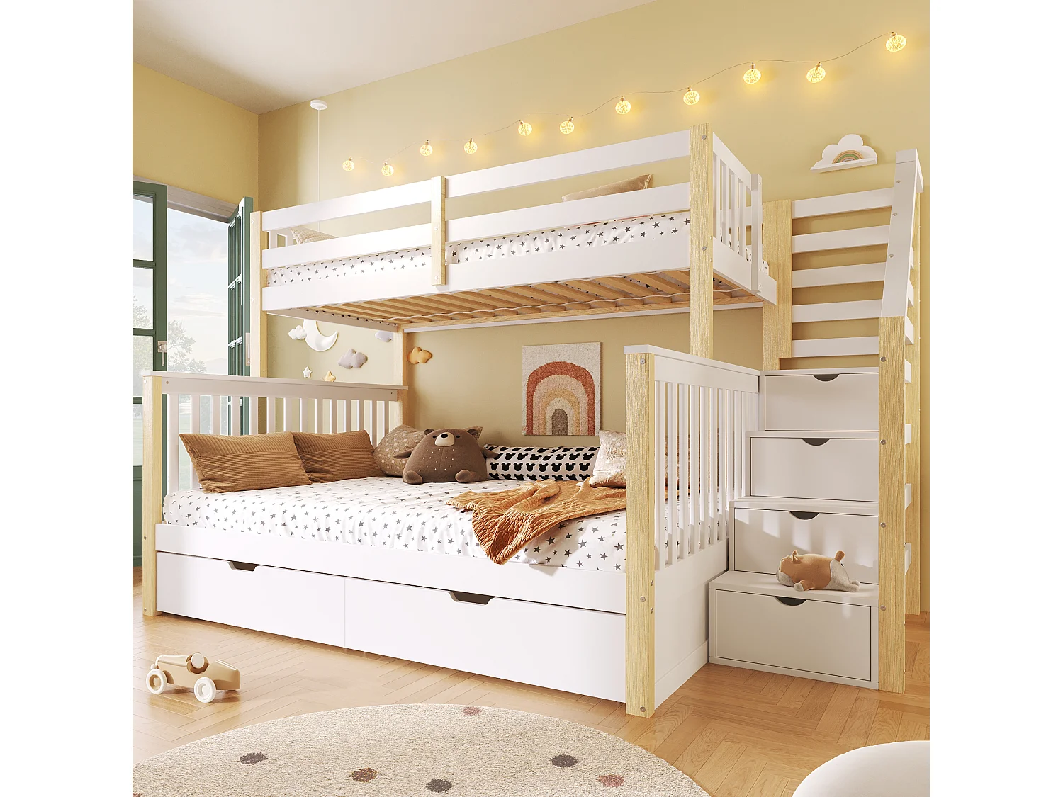 Litera infantil - 90 x 200 cm + 140 x 200 cm - con 2 cajones + escalera de almacenamiento - madera - blanca