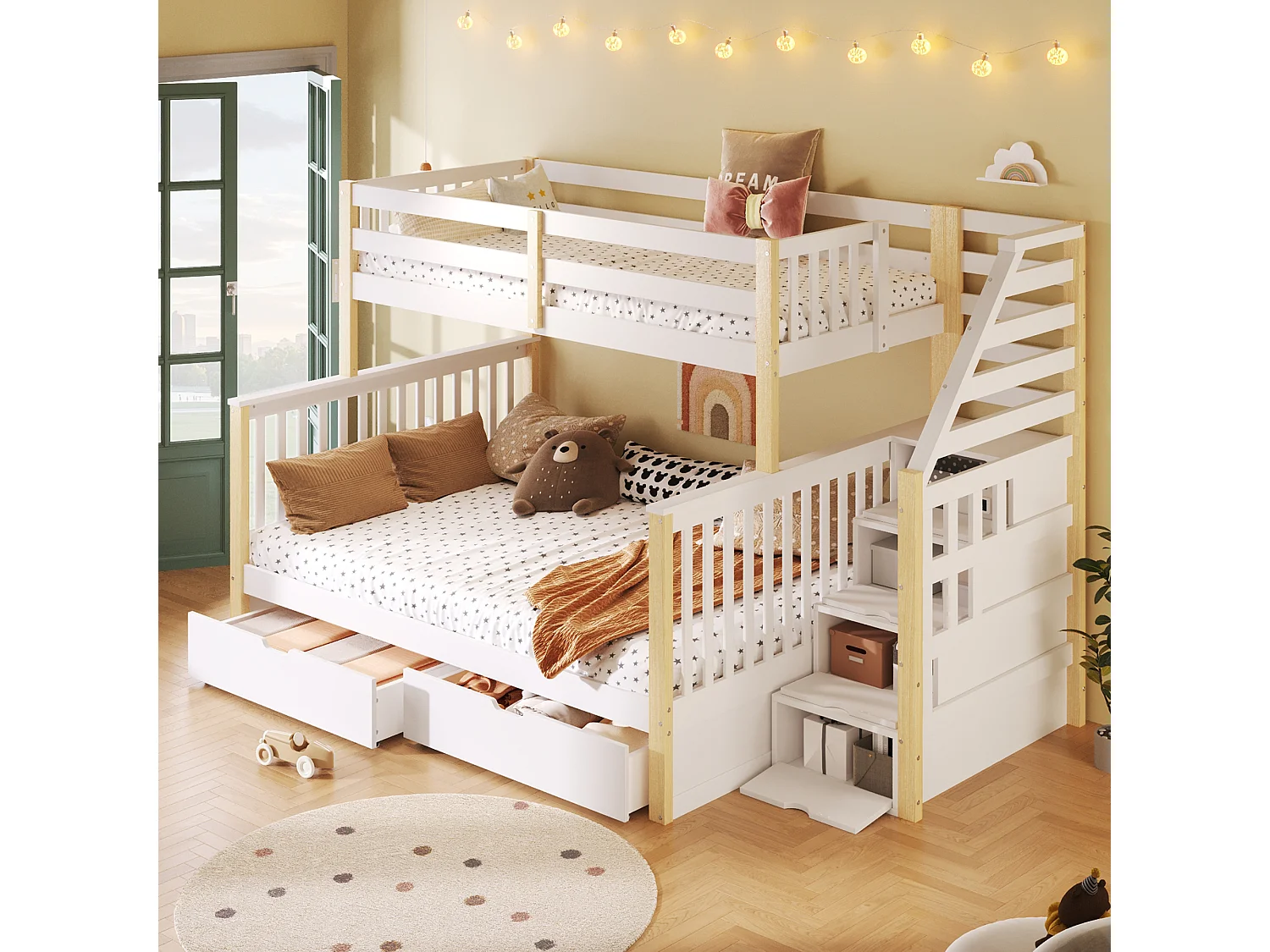 Litera infantil - 90 x 200 cm + 140 x 200 cm - con 2 cajones + escalera de almacenamiento - madera - blanca
